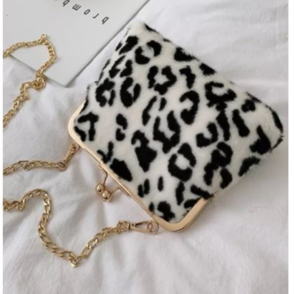 White Leopard Fluffy Fur Faux Crossbody Bag